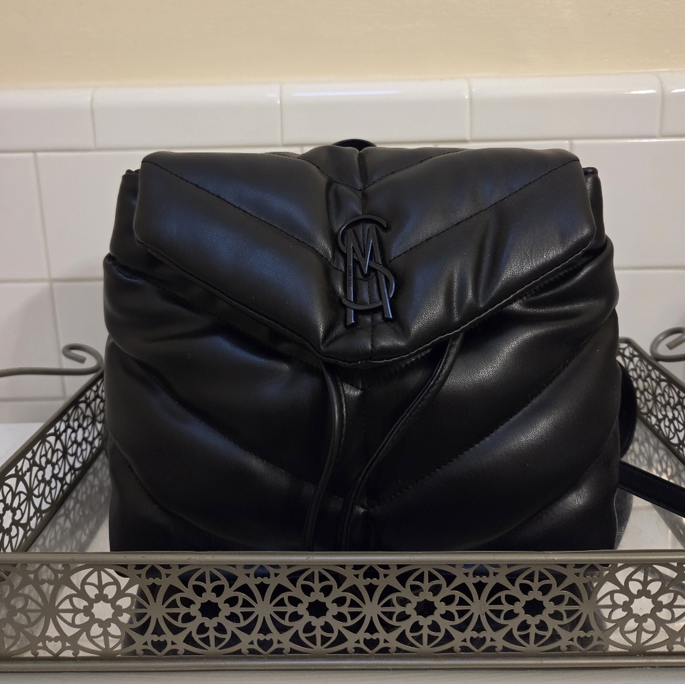 Steve Madden Black Quilted Back Pack with Monogram Lining